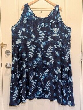 EUC Blue Sky 3X Linen Bamboo Blend Blue Midi Length Floral Summer Dress